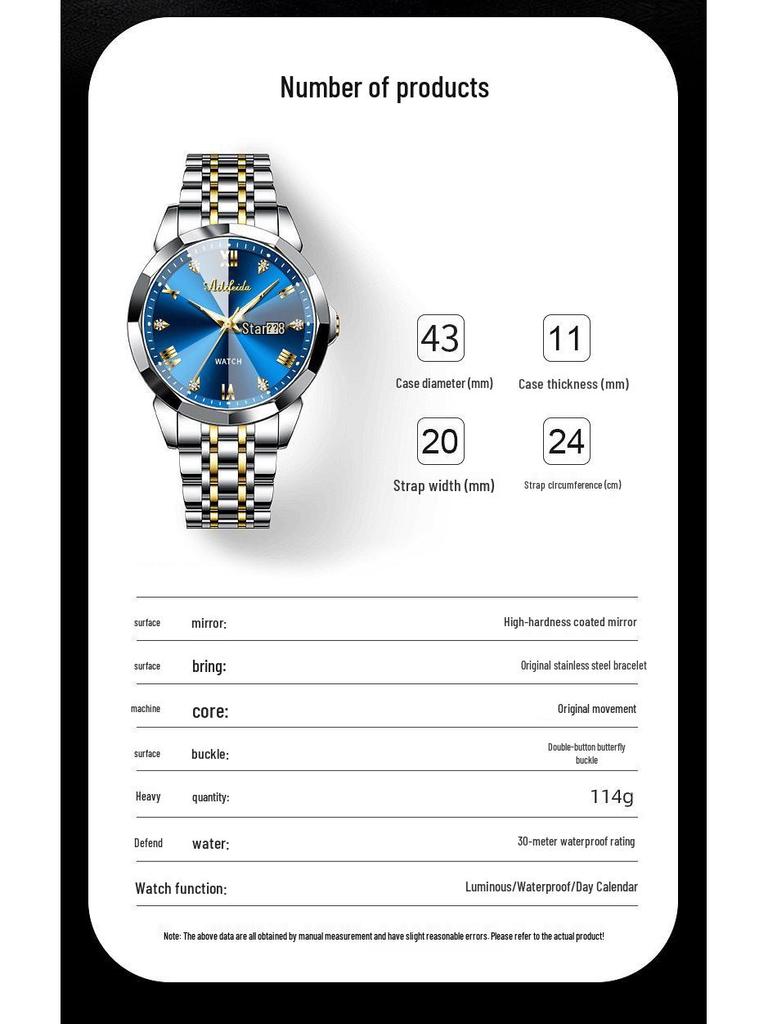 Aili Feida Men's Quartz Watch - Diamond Mirror, Waterproof, Luminous, Calendar, Fashionable
