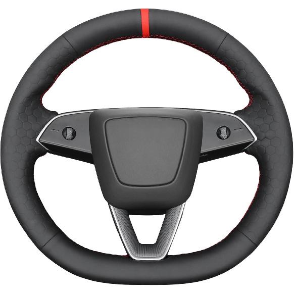 MEWANT Steering Wheel Cover for Tesla Model 3 Highland 2023-2025 / Tesla Model Y 2025 Highland Steering Wheel Cover Hand-Stitched Black Microfiber hive embossed microfiber