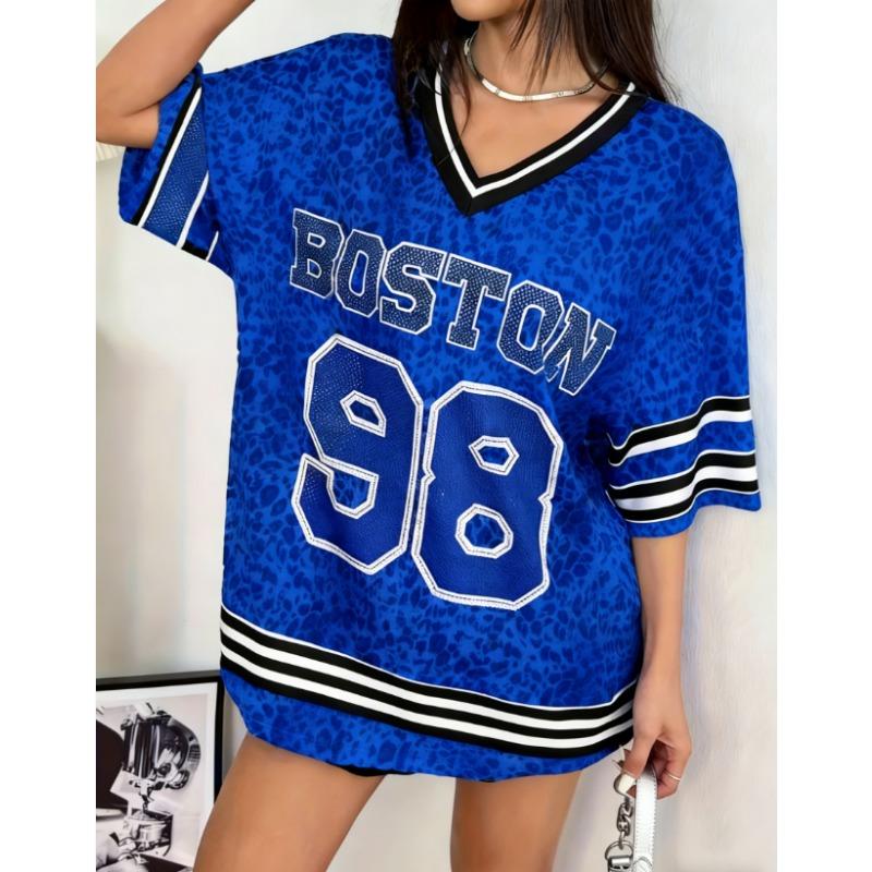 2026 Summer Women BOSTON NO.98 Print Lightweight Breathable Comfortable V-Neck Short Sleeved Baseball T-Shirt Women Jersey Tees