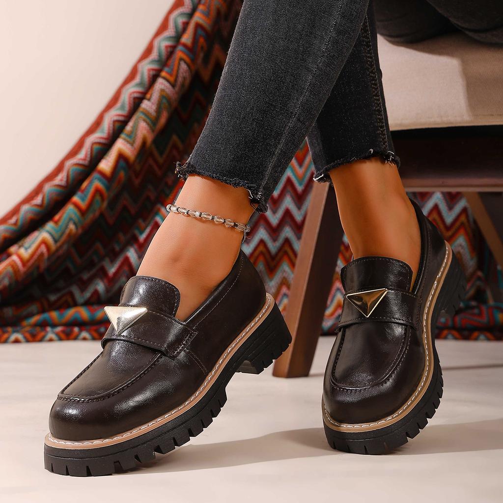 2025 New Cowhide/cow Anti-leather Round Head Metal Buckle Platform Loafers 4CM Square Heel Casual Single Shoes Women's Shoes