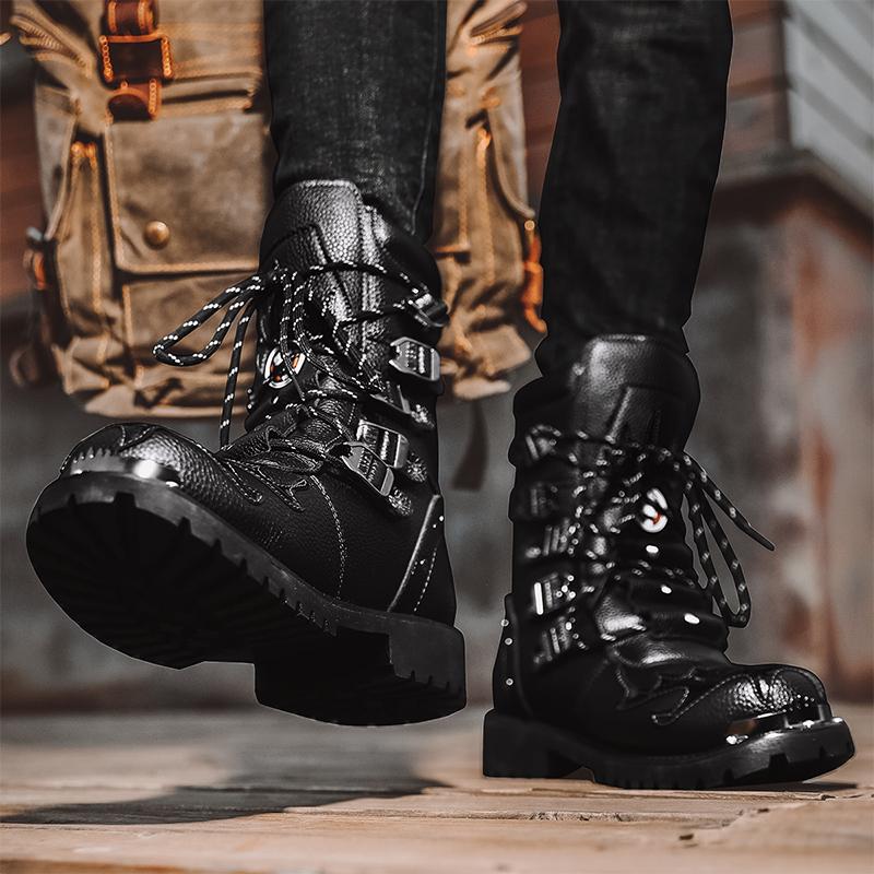 Men's Motorcycle Boots Fashion High Top Rock Punk Boots PU Leather Black Mid-Calf Gothic Mens Boots Outdoor Work Steel Toe Shoes
