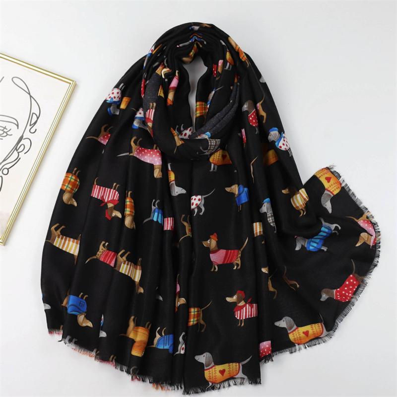 

New Viscose Scarves Women Lovely Cute Cartoon Coloful Dachsund Cat Pattern Shawls And Wraps Pashmina Stole Bufandas Muslim Sjaal