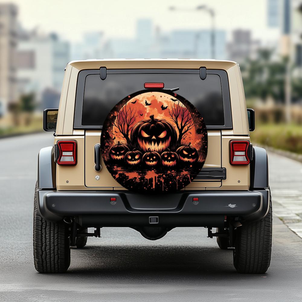 1pc 30/34 Inch Multi Functional Spare Tire Cover For Jeep Trailer RV Offroad Truck Camper Vehicles, Halloween Pumpkin Design Wit