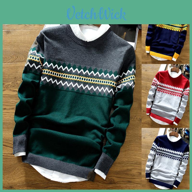 Slim Knit Men Color Block Sweater Crew Neck Jumper Top Winter Pullover Knitwear