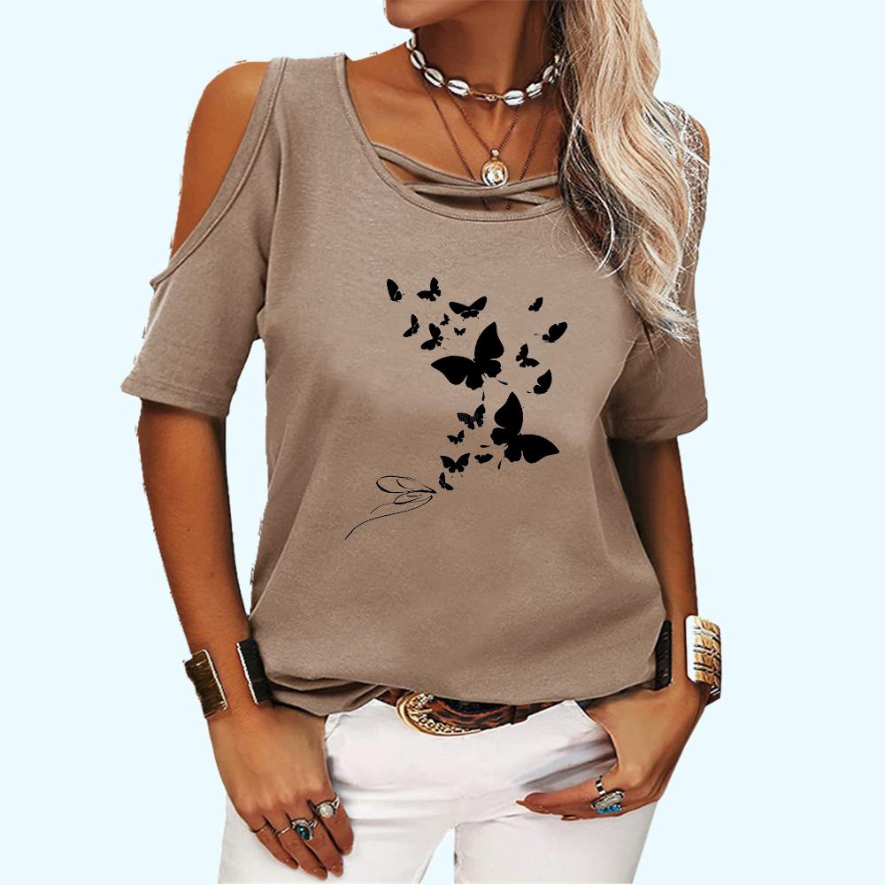 Women Fashion Off Shoulder Top Casual O Neck Summer Tee Shirt Butterfly Print Short Sleeve T-shirt