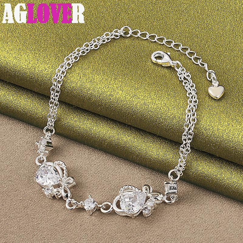 925 Sterling Silver White AAA Zircon Heart Bracelet Jewelry