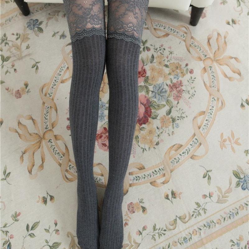 Autumn and Winter Women Lace Slim Thigh High Over The Knee Long Socks Cotton Warm Pure Color Stockings