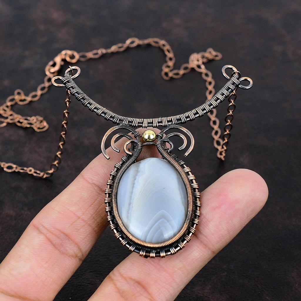 Mexican Laguna Lace Agate Necklace Copper Wire Wrapped Necklace Adjustable Necklace Handmade Jewelry Gemstone Necklace Copper Wire Jewelry