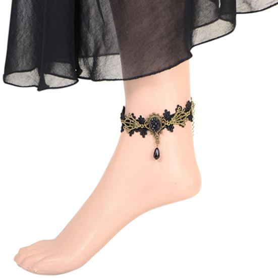 Kvinner Vintage Black Floral Lace Ankelkjede Ankel Sandal Armbånd Foot Barfoot