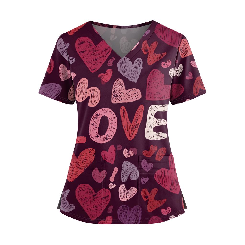 Women's Valentine's Day  Printed V-Neck Double Pocket Short Sleeves Hem Slit  Uniform Caregiver Top