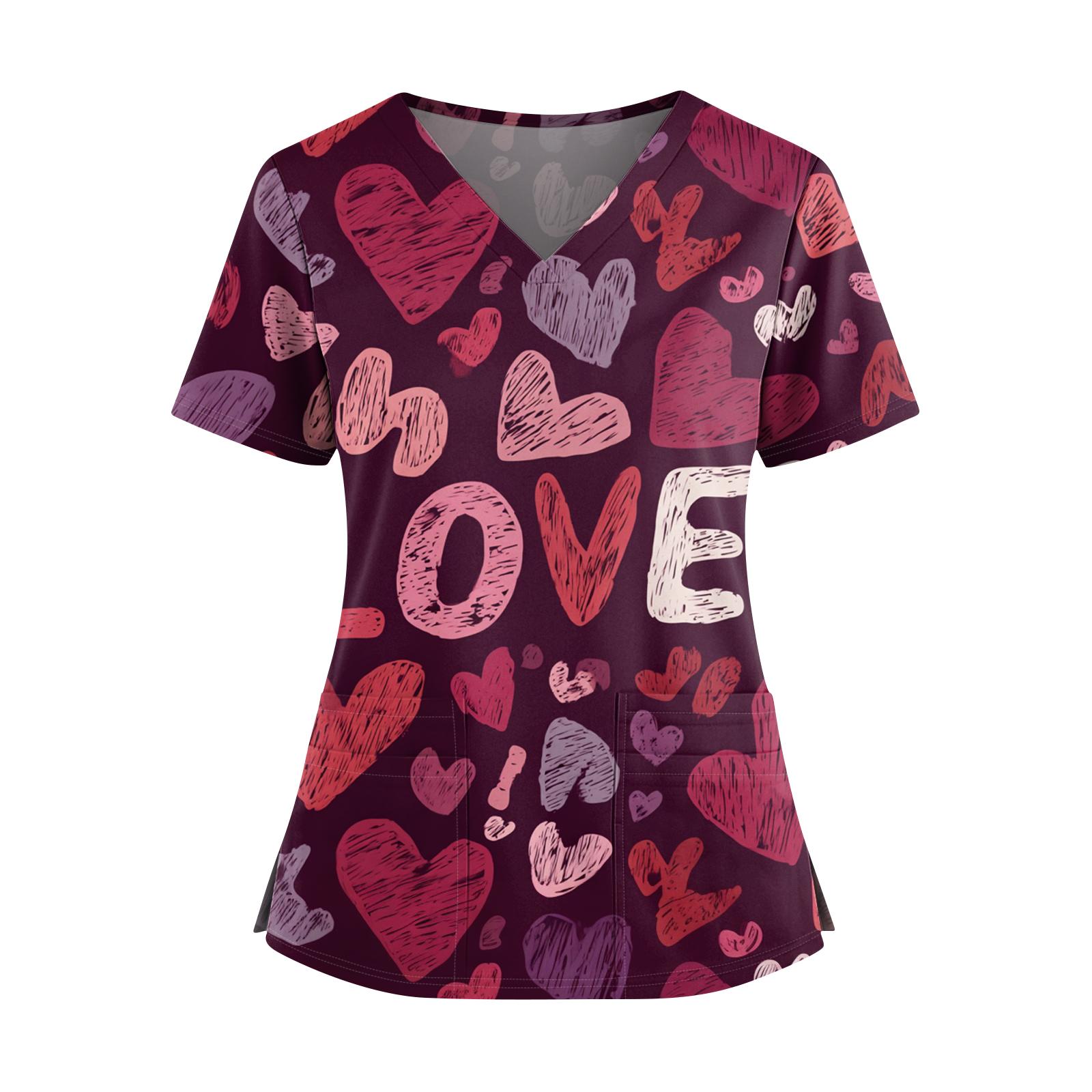 

Жіночий День Святого Валентина Принтований V-подібний виріз Подвійні кишені Короткі рукави Розріз по подолу Топ для доглядальника XL винний