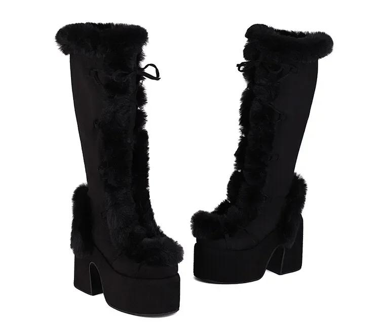 Nuevas botas de nieve de invierno para mujer, plataforma con cuña y tacón alto, zapatos de piel sintética para mujer, botas de media pantorrilla cálidas y antideslizantes de felpa, zapatos góticos
