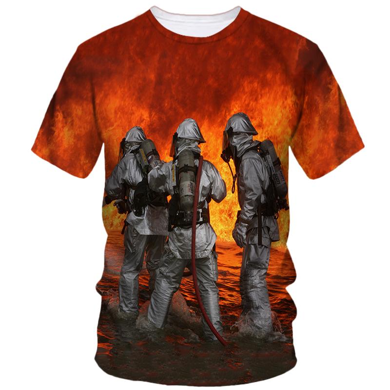 Firefighter Pattern Print Tough Guy Style T-shirts Summer Men's Short Sleeve T-Shirt Street Personality Creative Fashion Loose Casual Top