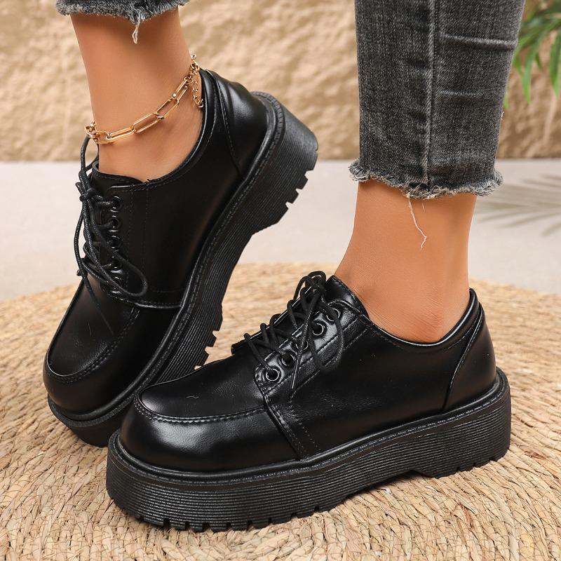 Loafer Women's New Retro British Style Round Toe Lace-up Platform All-purpose Single Shoes