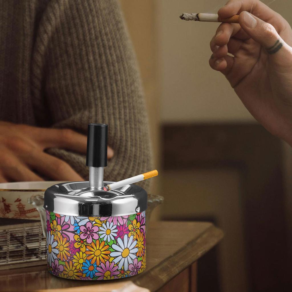 Round Iron Swivel Lid Ashtray Travel For Car Ash Holder Pattern Automatic Extinguishing Ashtray Outdoor Round Ashtray Container