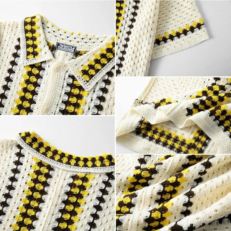 Casual Knitted Short Sleeve Shirt for Men Button Down Crochet Hollow Out Shirt Top Men's Summer Vacation Vintage Knit Golf Beach Collared Shirts Tops