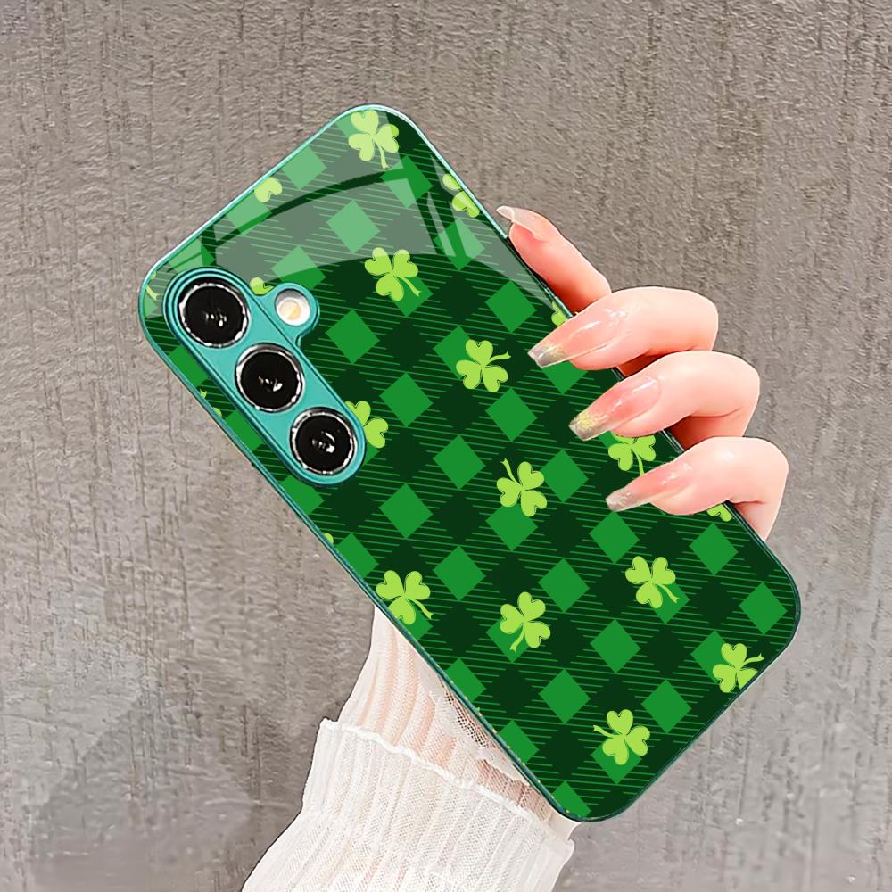 Burdock four-leaf clover Glass PhoneCase for Samsung Galaxy S26 S25 S24 S23 S22 S21 FE Ultra Plus Built-in glass green Exquisite