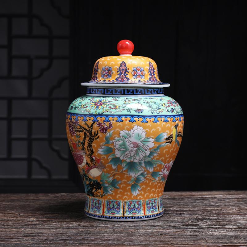 Ceramic Painted Flower and Bird Tea Caddy Color General Jar Household Food Coffee Bean Storage Jar Flower Arrangement Decoration