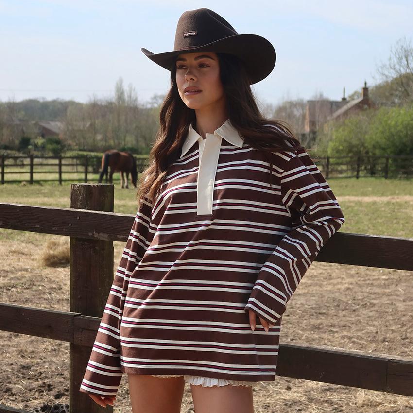 Green and White Striped Long Sleeve Polo Shirt with Button Placket