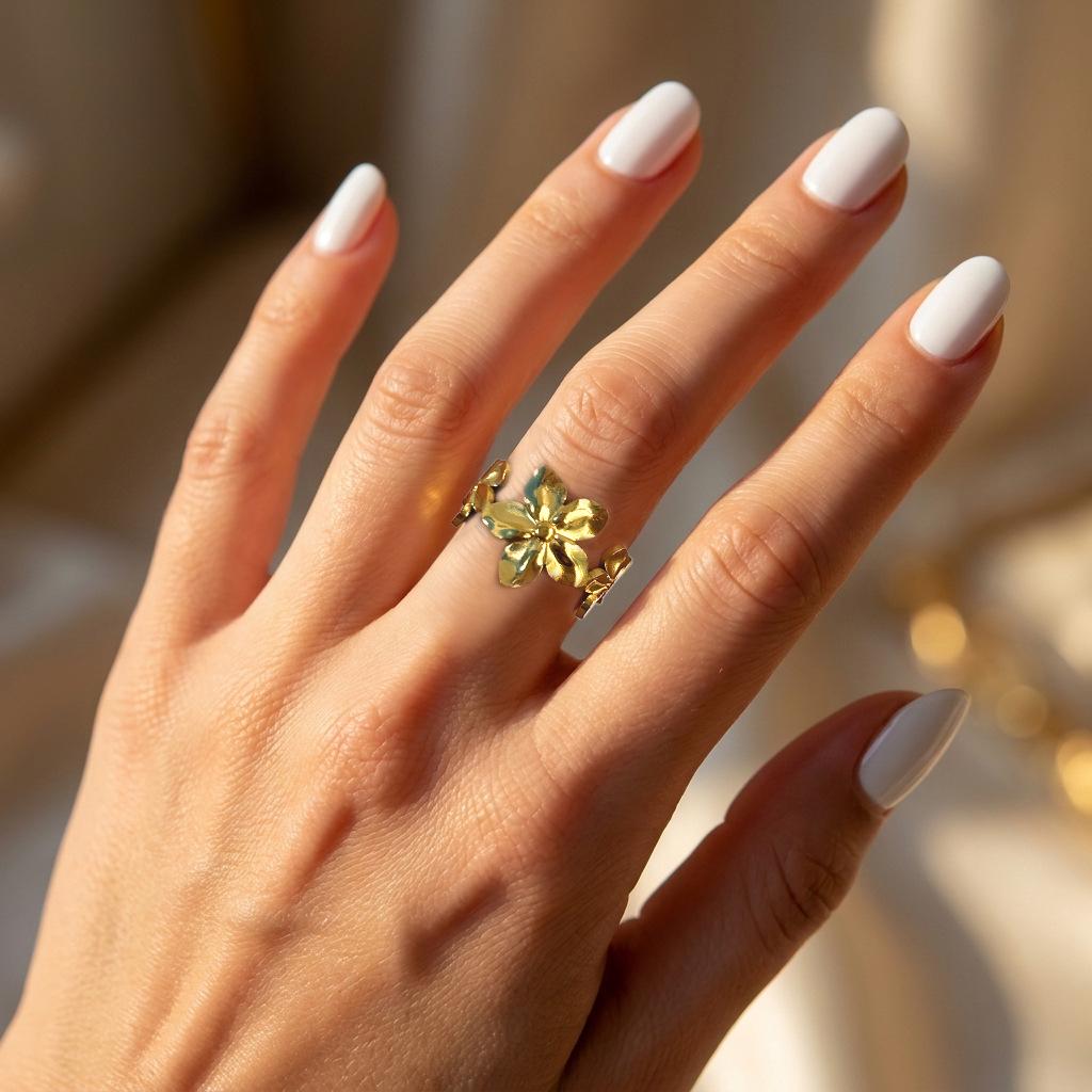 Adjustable Stainless Steel Five-Petal Flower Ring - Fade-Resistant