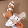 White High Heels Sandals for Women Square Toe Metel Decor Summer Outdoor Slippers Woman Thin Heeled Party Wedding Shoes