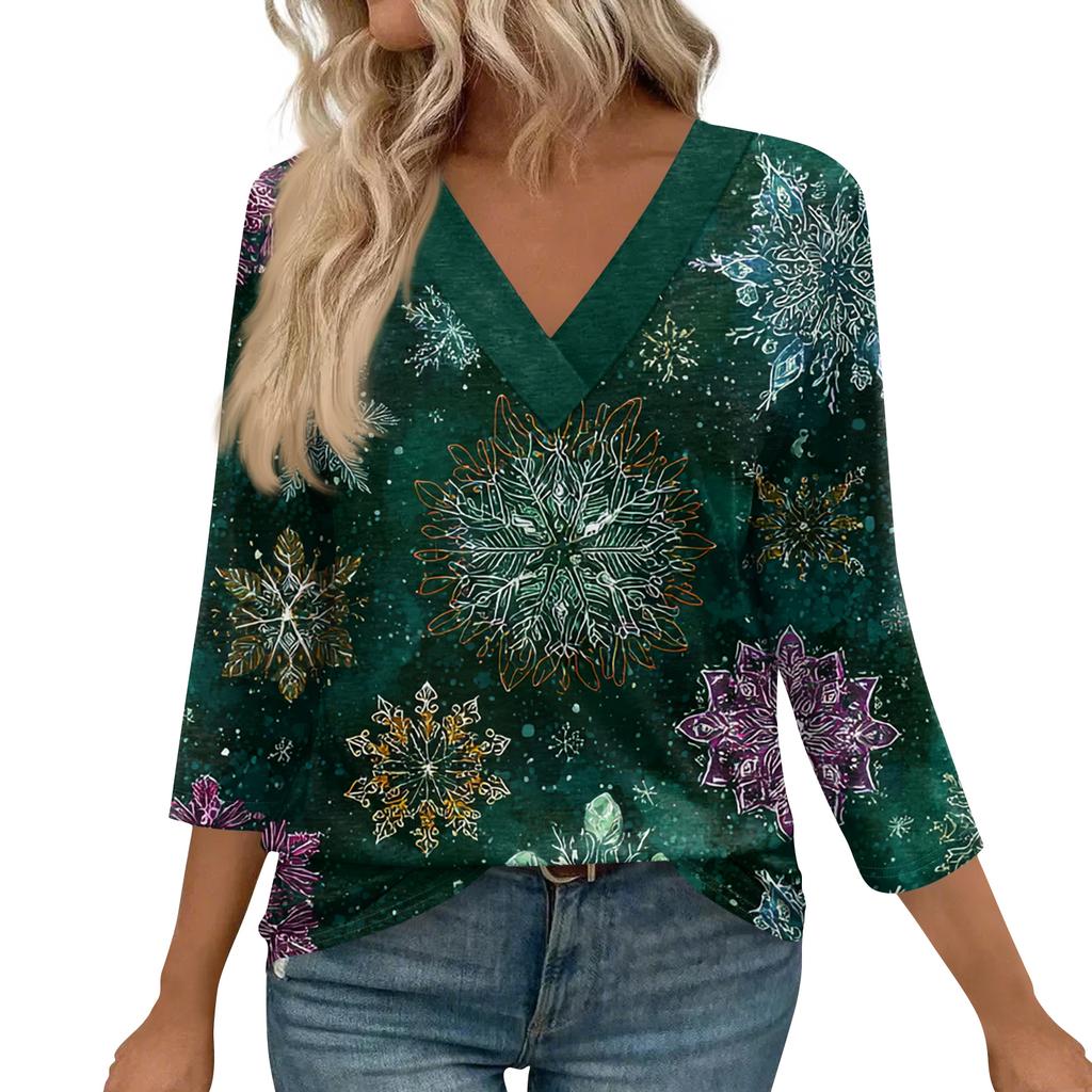 Women's Loose Comfortable Casual Fashion V-Neck Christmas Print 3/4 Sleeve Top