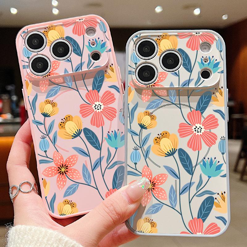 Cartoon Colorful Flowers Magnetic Phone Case For iPhone 17 16 15 14 13 Pro Max For Magsafe Wireless Charge Lens Protect Cover