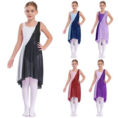 Robe de danse lyrique pour enfants filles, justaucorps de gymnastique de ballet, paillettes, ourlet irrégulier, vêtements de danse de performance contemporains modernes