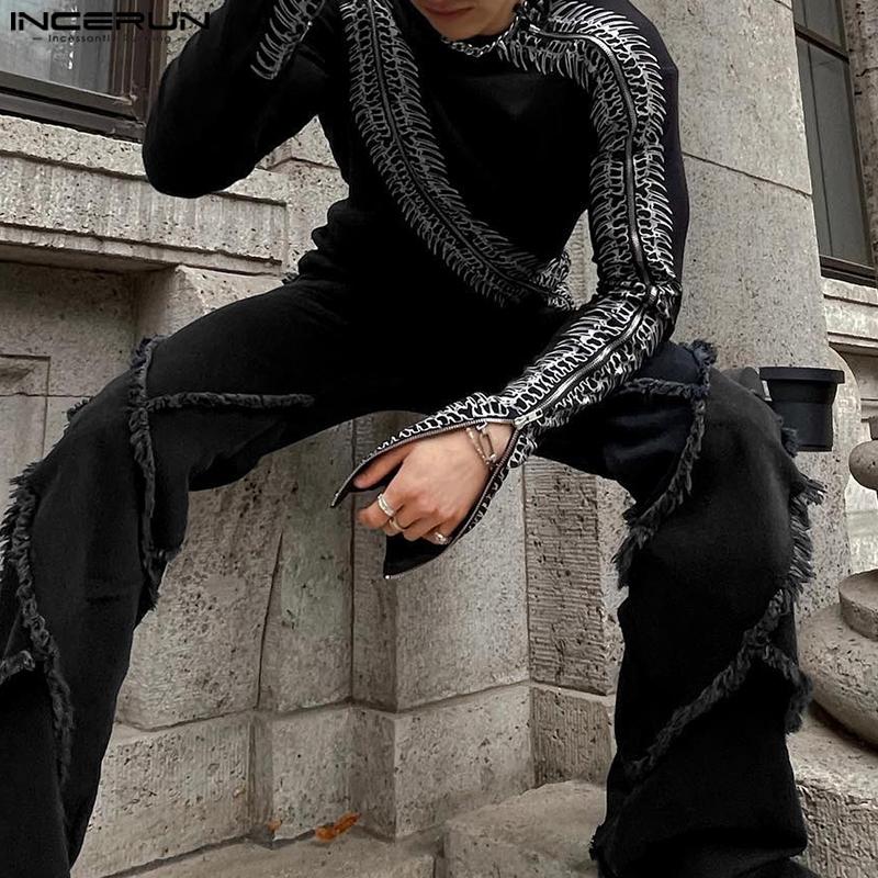 INCERUN Men Spring Long Sleeve Print Undershirts Casual Slim Zipper Hem Tops
