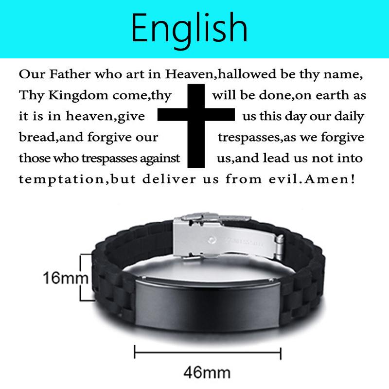 Engraved Christian Lord's Prayer Black Silicone Bracelet Men German French Hebrew Multi Language Brazalets