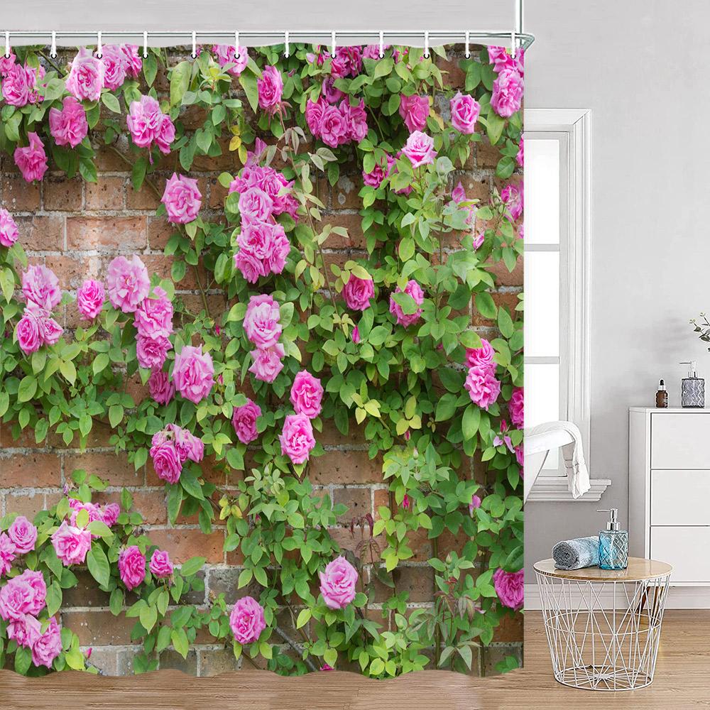 Garden Path Shower Curtains Pink Flowers Green Vines Forest Lane Bathroom Deecorations Nature Polyester Bath Curtains with Hooks