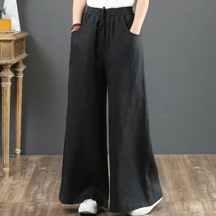 2025 Women's Plus Size Cotton Linen Wide-Leg Trousers - High Waist, Loose Fit, Straight Leg, Casual Summer Pants