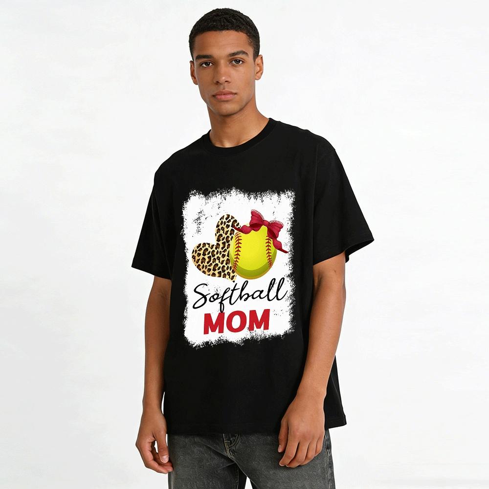 Softball-Mama Leopard Herz Grafikdruck Lässiges T-Shirt Reines Baumwoll-T-Shirt