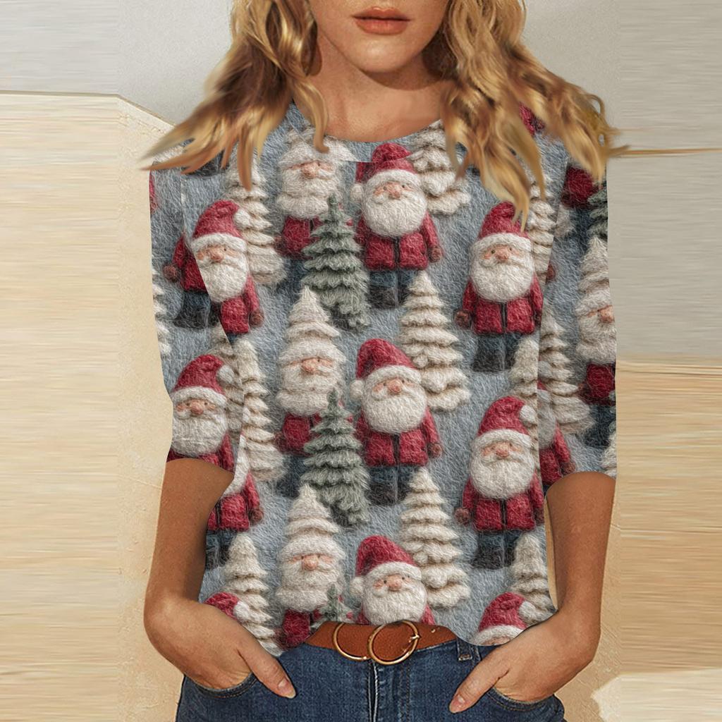 Women's fashionable casual three quarter sleeve Christmas printed round neck top