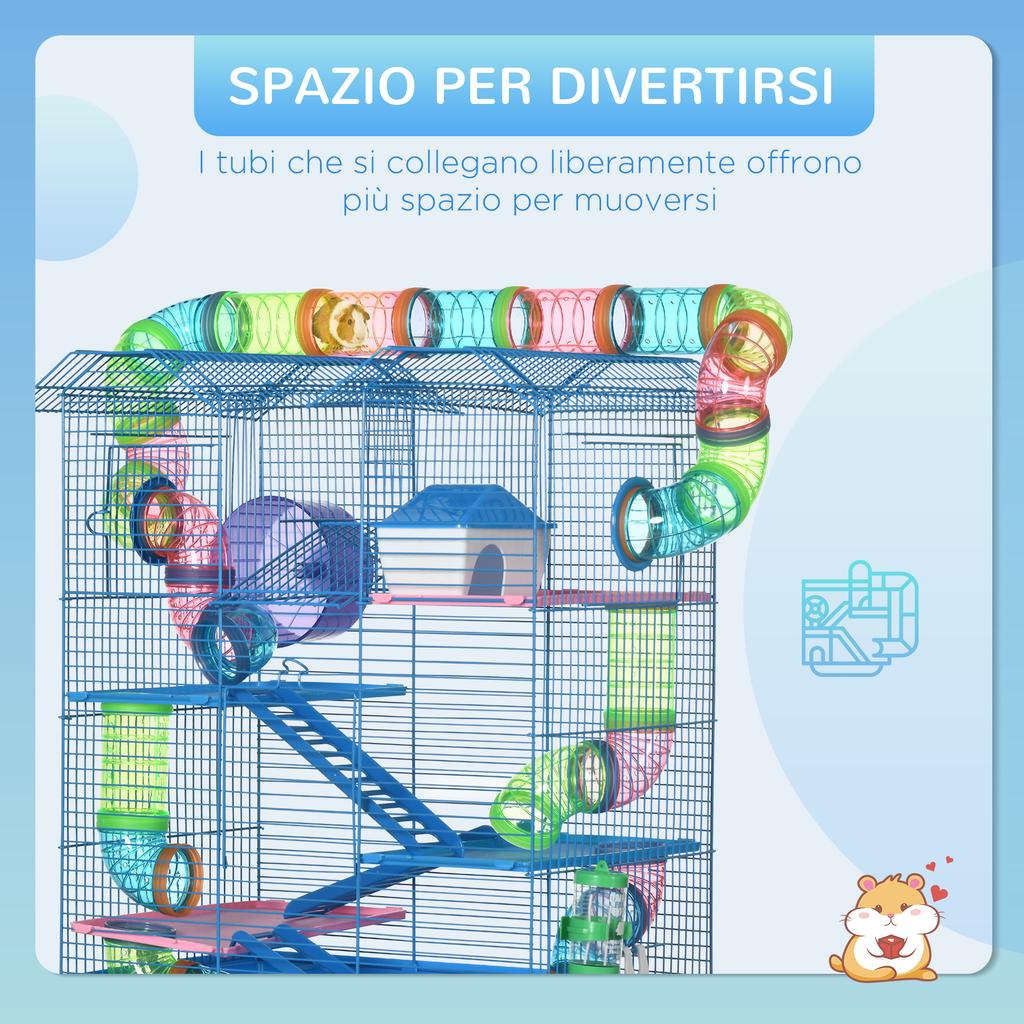 5-Tier Hamster and Rodent Cage, Hamster Cage with Colored Tubes, Wheel, House and Accessories Included, 47x30x59 Cm, Blue