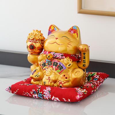 7.5 Inch Ceramic Maneki Neko Ornament Gold Porcelain Lucky Fortune Cat Chinese Feng Shui Decoration Beckoning Cat Waving Arm
