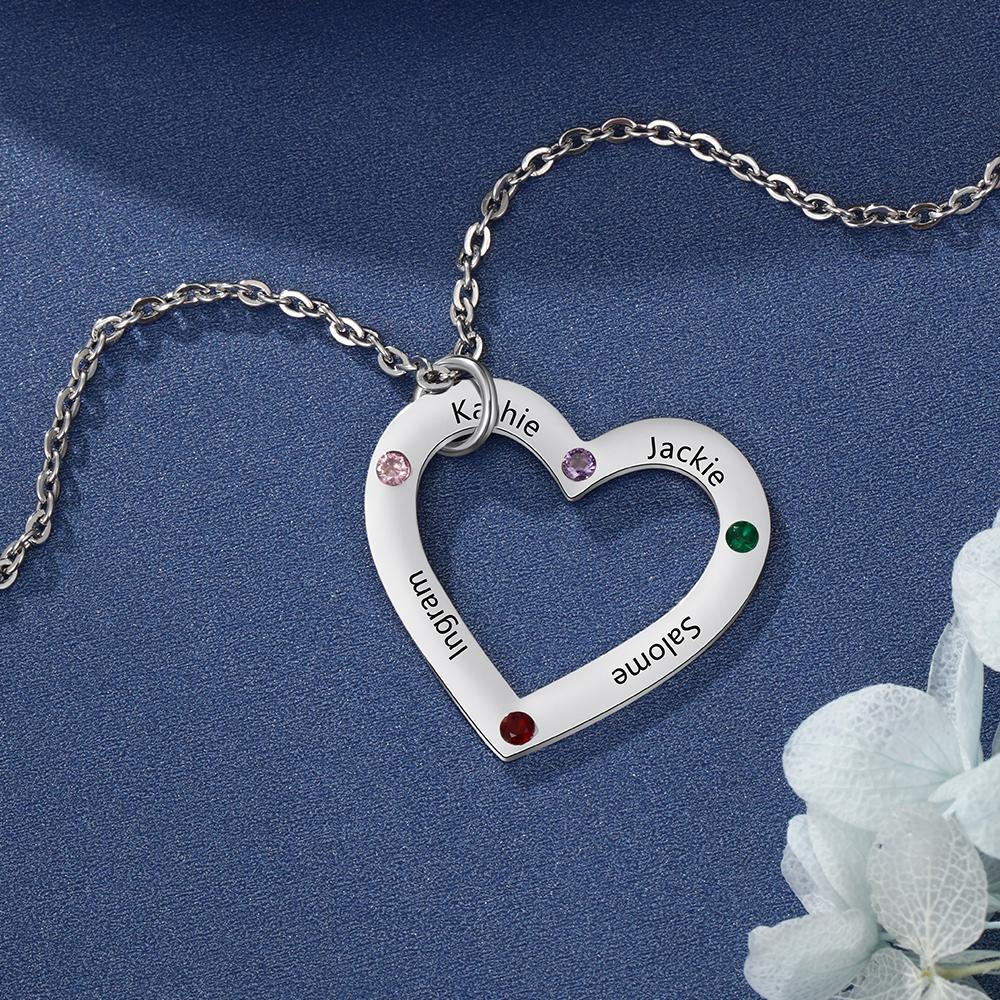 Personalized Necklaces Women Stainless Steel Heart Pendant Engraved 4 Names Diy Birthstones Custom Jewelry Anniversary Souvenir GiftTrendy Necklaces