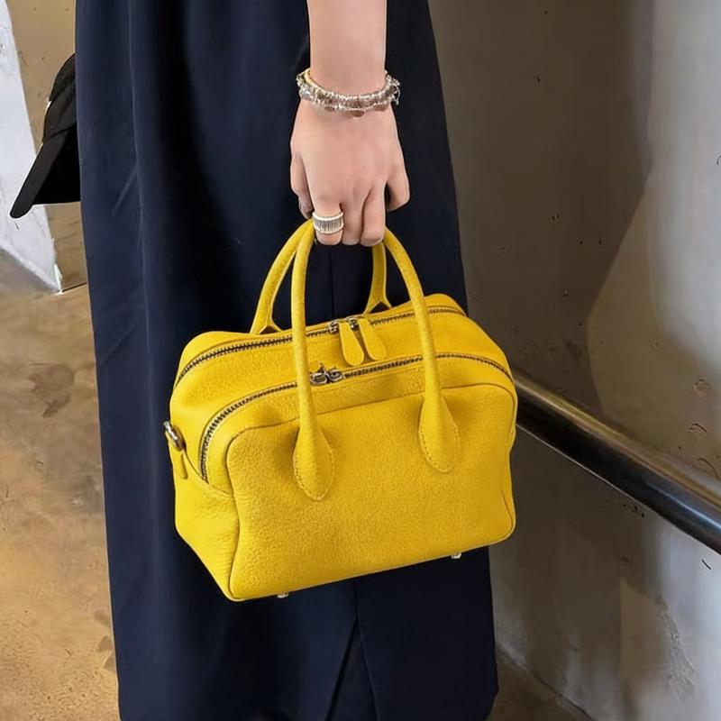 Spring Summer Lychee-pattern Handbag Fashion Solid Color Bowling Bag Multi Compartment Crossbody Bag Simple Versatile Boston Bag
