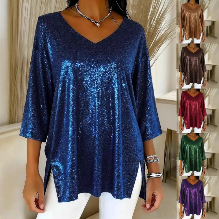 Top da donna con scollo a V, paillettes scintillanti, maniche lunghe