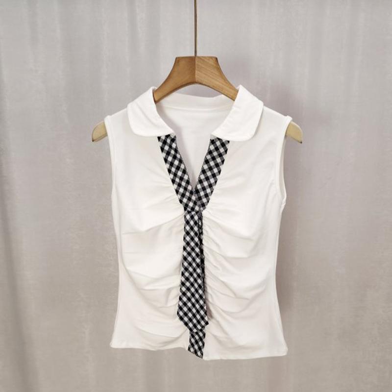 

Корейский жилет с клетчатой панелью, летний, плиссированный лацкан, без рукавов, облегающий топ для женщин белый