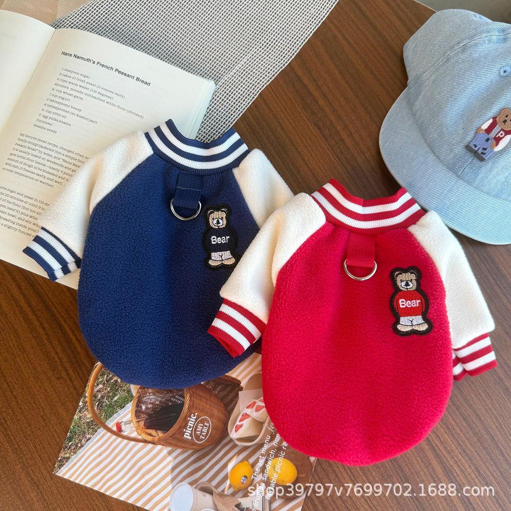 Pet Autumn and Winter Striped Collar Baseball Jacket Cat Plush Thick Warm Jacket Dog Clothes for Small Dogs Puppy Clothes