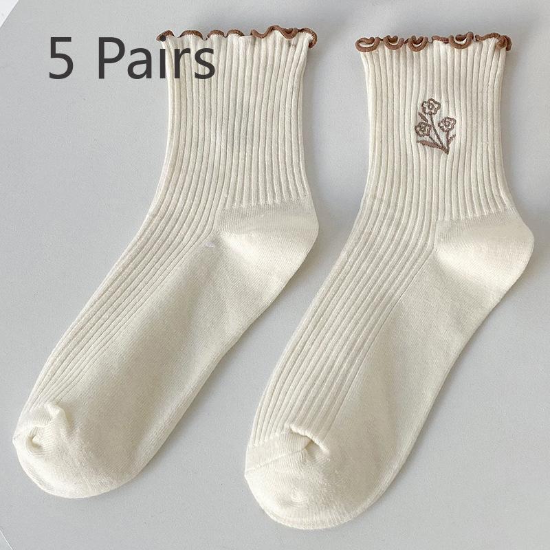 

5 пар женских весенних и осенних хлопковых носков с вышивкой в стиле ретро, с красивым кружевом и деревянным краем ушек 5 Pairs молочный белый