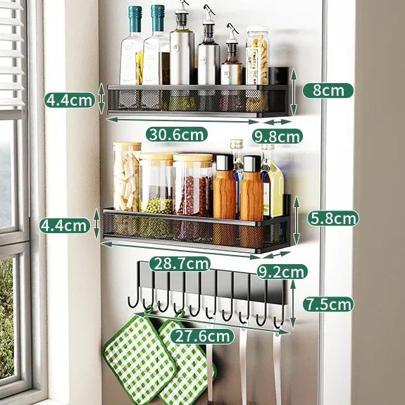 3pc Magnetic Spice Rack For Refrigerator Side Spice Storage Shelf Household Fridge Magnetic Shelf Space Saving Kitchen Organizer