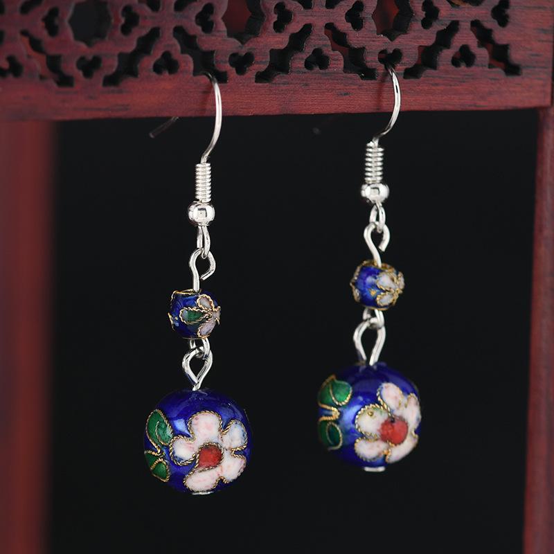 Chinese Cloisonne Retro Round Bead Earrings Handmade Silk Enamel Earrings Simple Antique Cheongsam Earrings Female 12mm