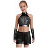 Mädchen Ärmelloses Glitzerndes Pailletten Tanz Crop Top Schlüsselloch Rücken Design Passende Shorts Quasten Metallic Handschuhe Set