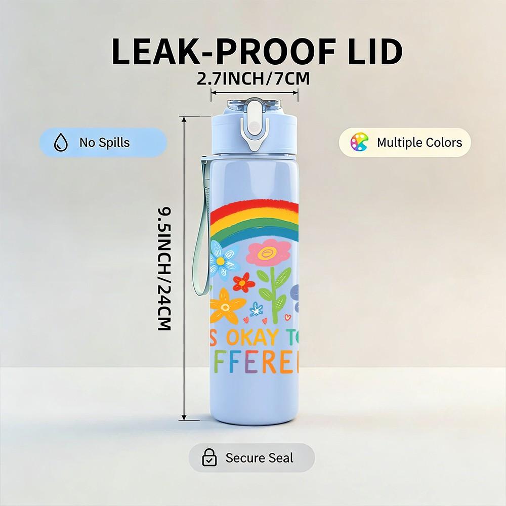 1PC Rainbow Flower Letter Design 750ml Color Plastic Sports Water Bottle Leakproof Flip Straw Lid Suitable for Sports Office Home Use