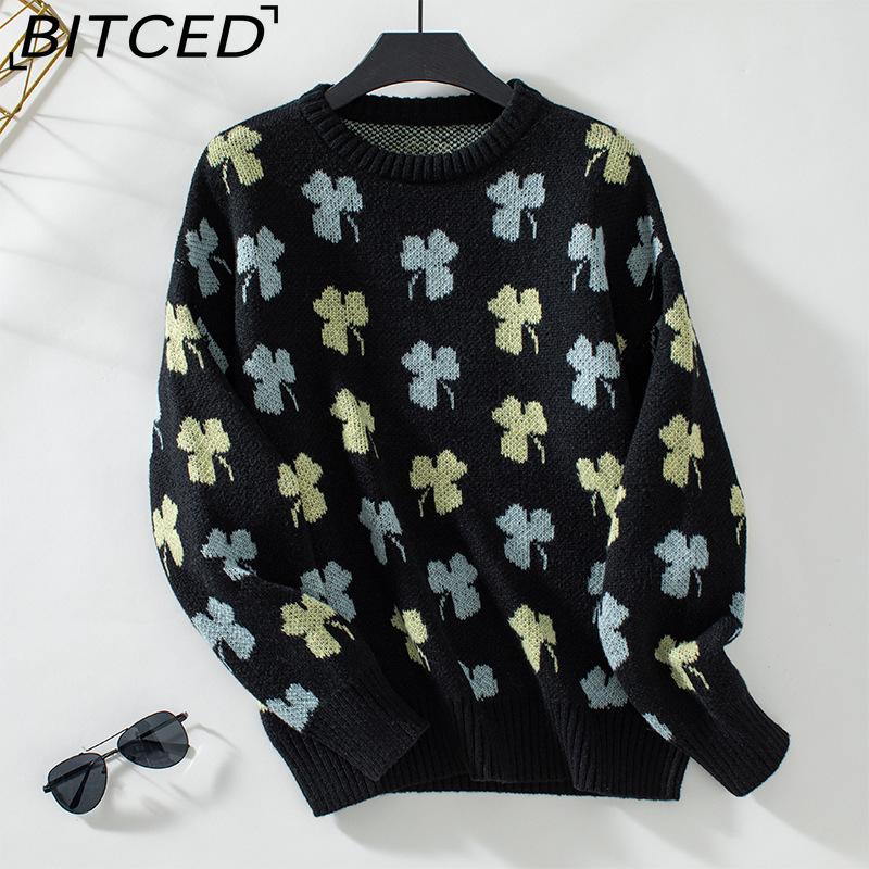 BITCED Жаккардовый пуловер с четырехлистником Женский свитер ОсеньЗима Оверсайз с длинным рукавом Вязаный топ S чёрный 2280₽