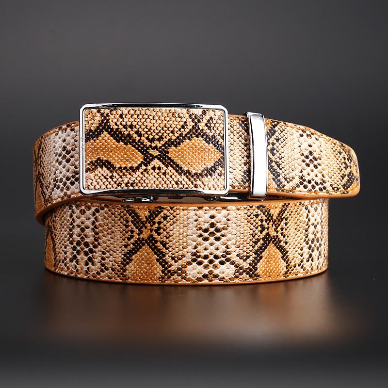 Men's Snake Print Leather Belt with Automatic Buckle - Cowhide, Korean Style for Business