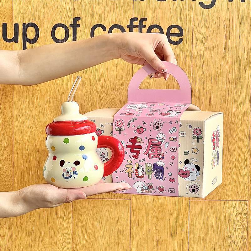 Straw water cup cute girl high-value ceramic mug household drinking cup birthday gift