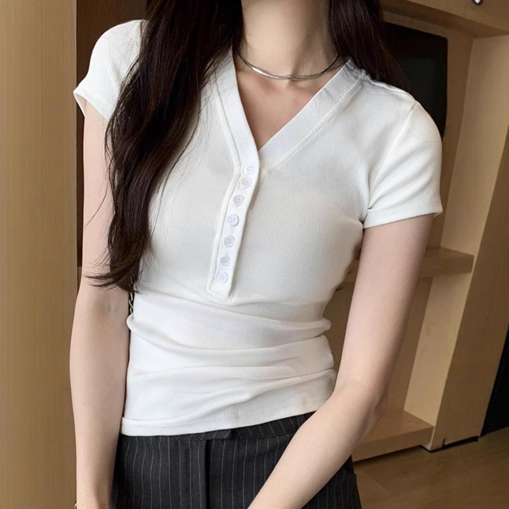 Korean Chic Half-breasted Front Shoulder Short-sleeved Slim-fitting T-shirt Women's 2026 Summer New Unique and Beautiful Pinch Waist Top